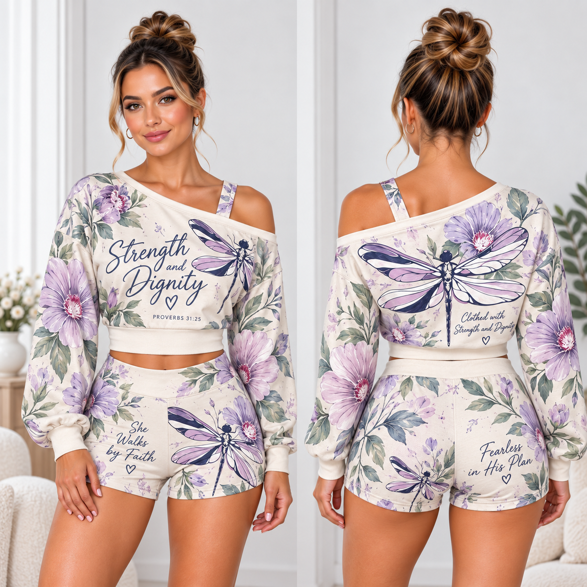 Strength and Dignity Dragonfly One-Shoulder Top and Shorts Set