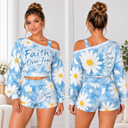 Faith Over Fear Daisy One-Shoulder Top and Shorts Set