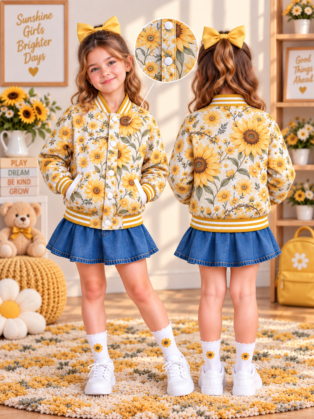 Sunflower Garden Kids Baseball Jacket