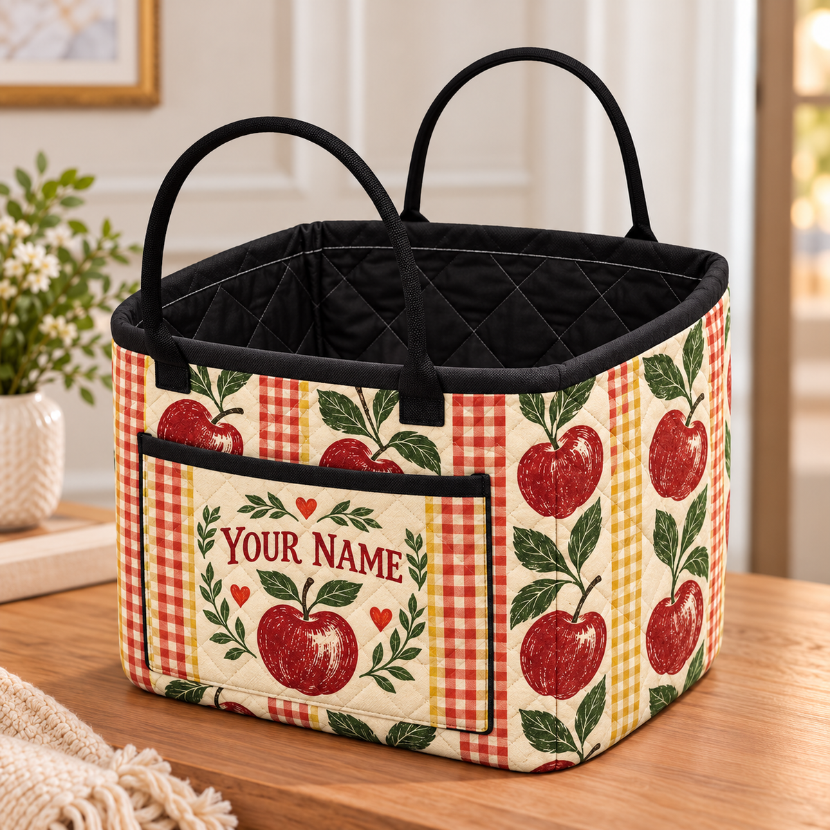 Red Apple Gingham Personalized Quilted Storage Basket