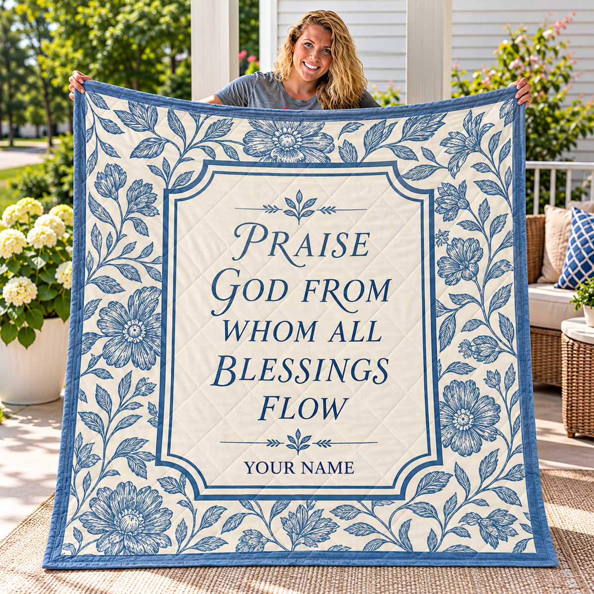 Vintage Blue Botanical Personalized Quilt