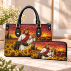 Sunset Sunflower Embrace Personalized PU Leather Handbag & Leather Long Wallet