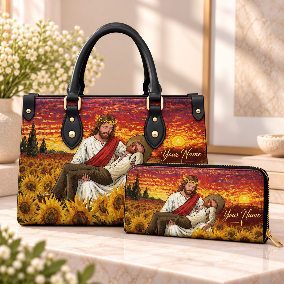 Sunset Sunflower Embrace Personalized PU Leather Handbag & Leather Long Wallet