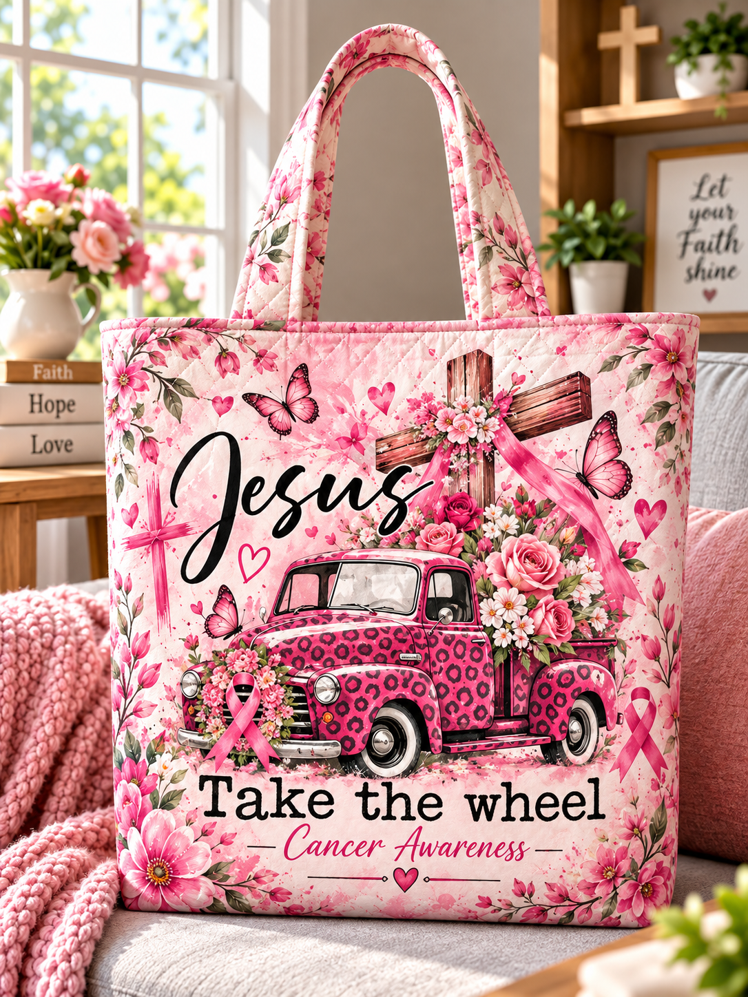 Jesus Take the Wheel Pink Truck Tote Bag