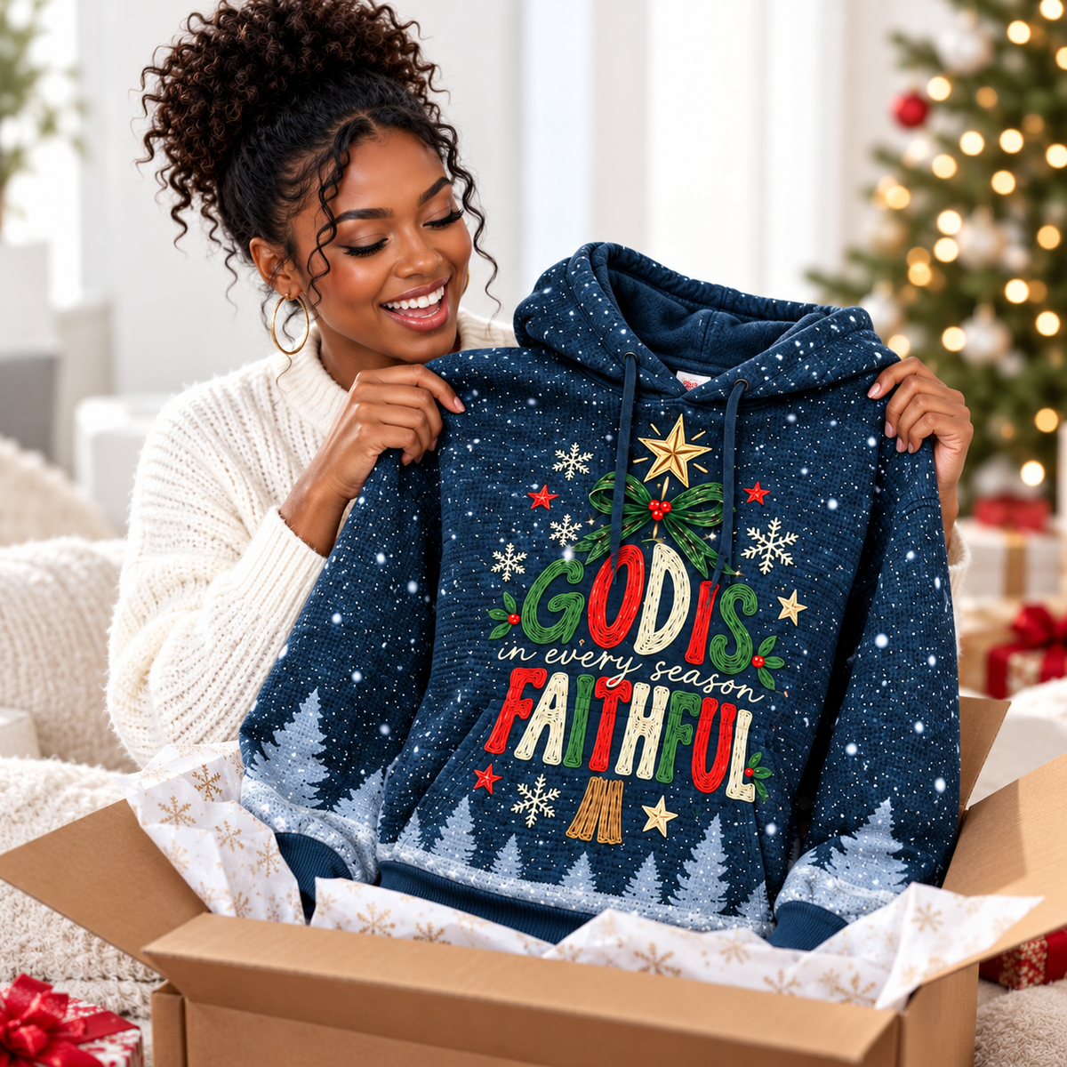 Navy Snowy Pines Green Bow Waffle Hoodie