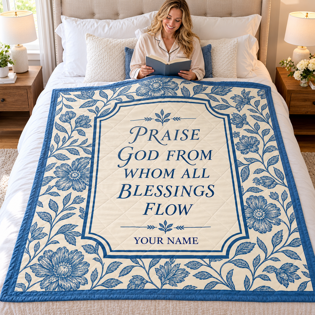 Vintage Blue Botanical Personalized Quilt