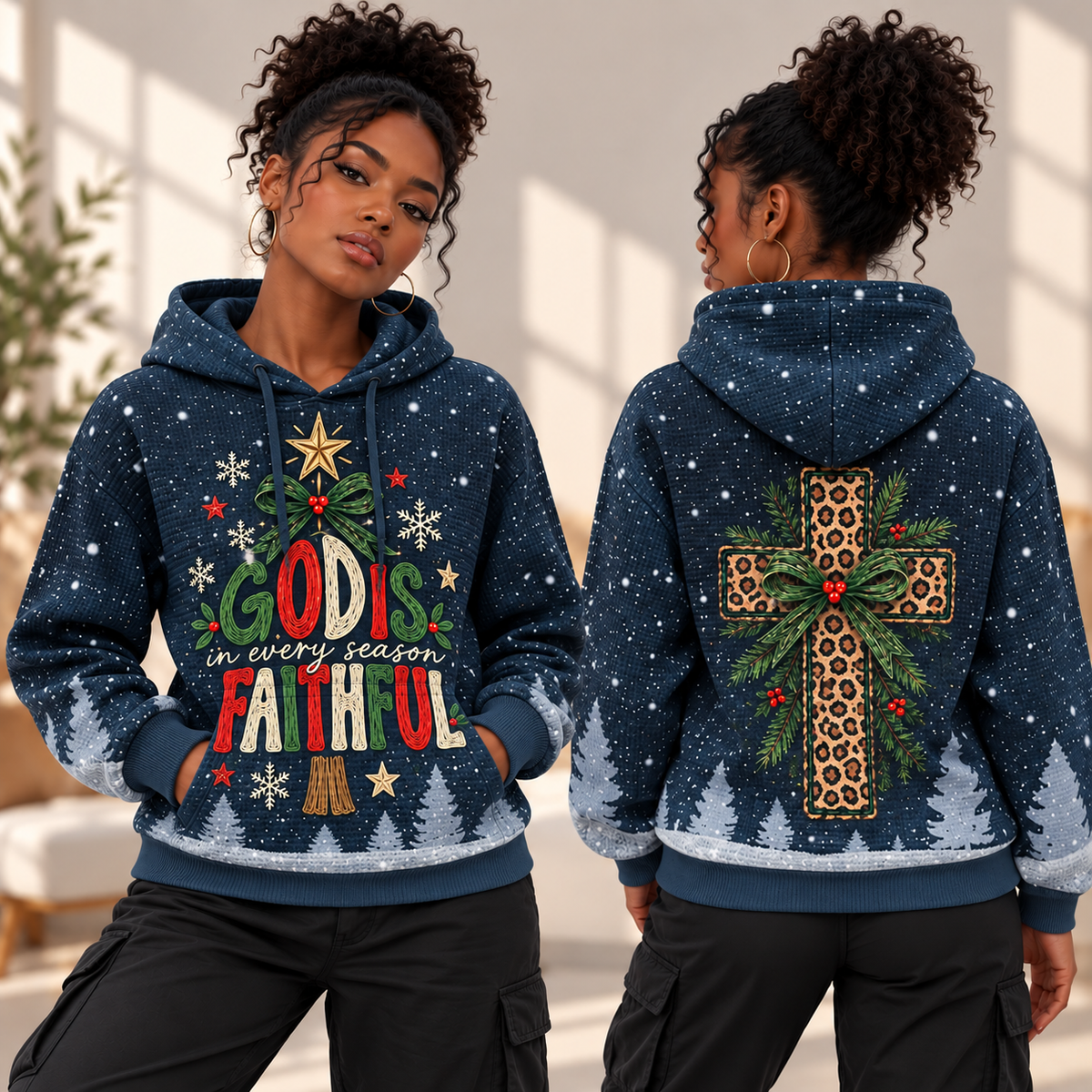 Navy Snowy Pines Green Bow Waffle Hoodie