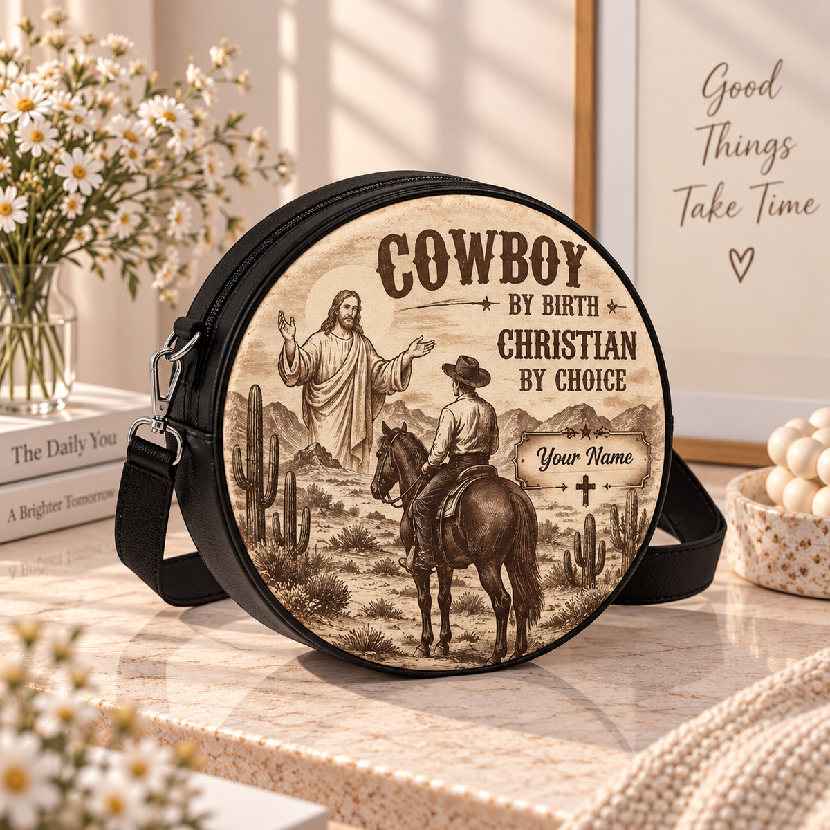 Cowboy By Birth Christian By Choice Personalized Leather Round Bag