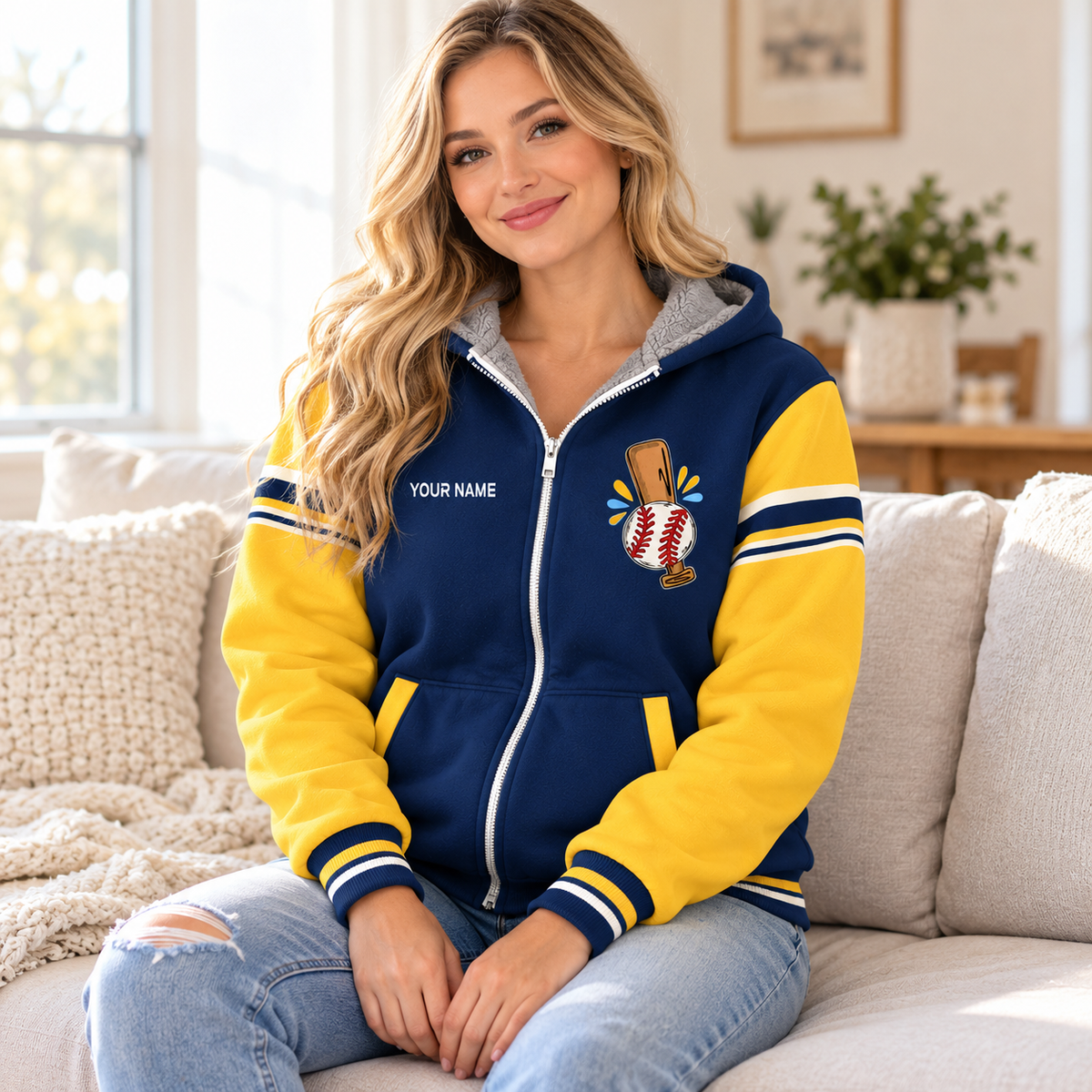 Baseball Bat Navy Gold Personalized Fleece Jacket