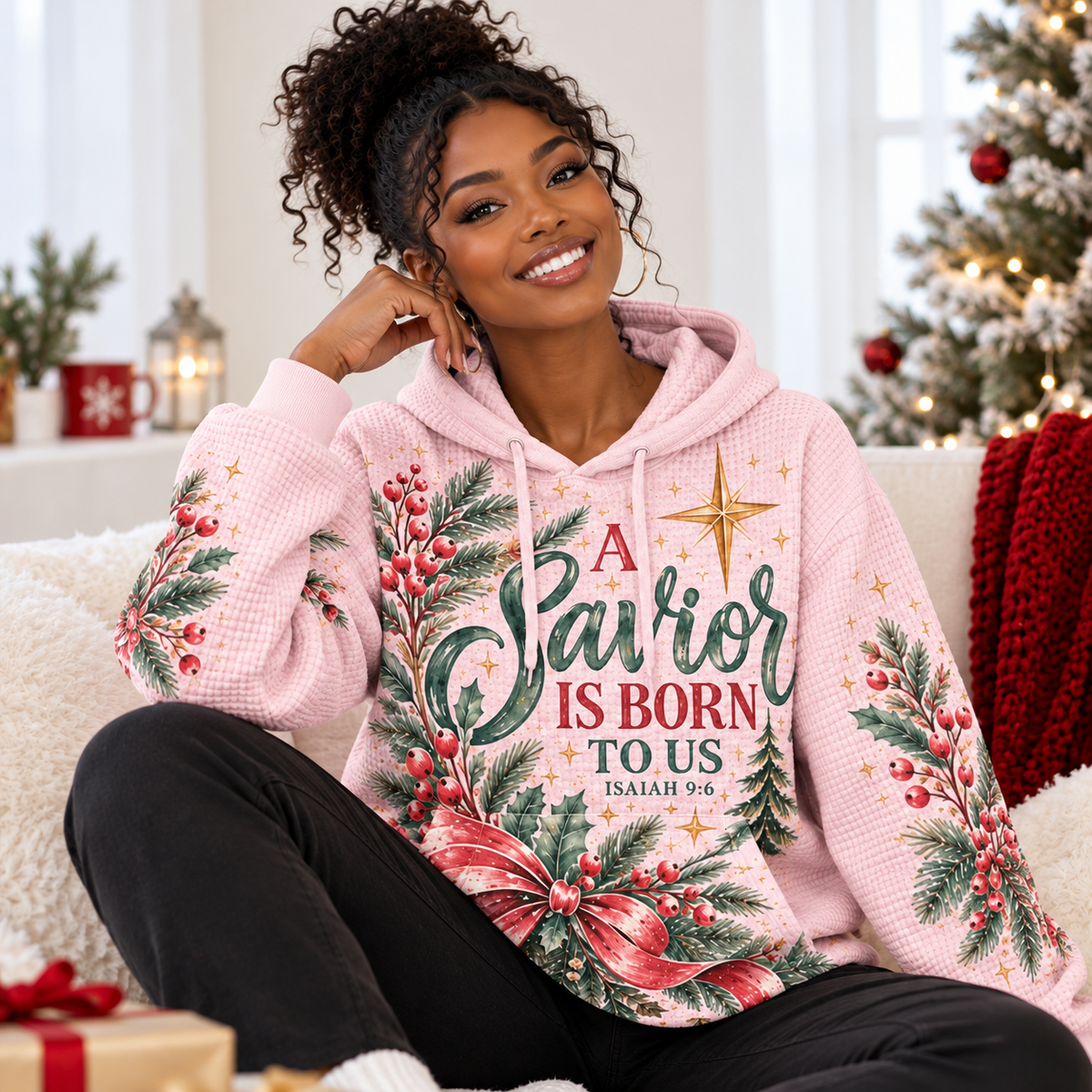 Pink Evergreen Red Bow Waffle Hoodie