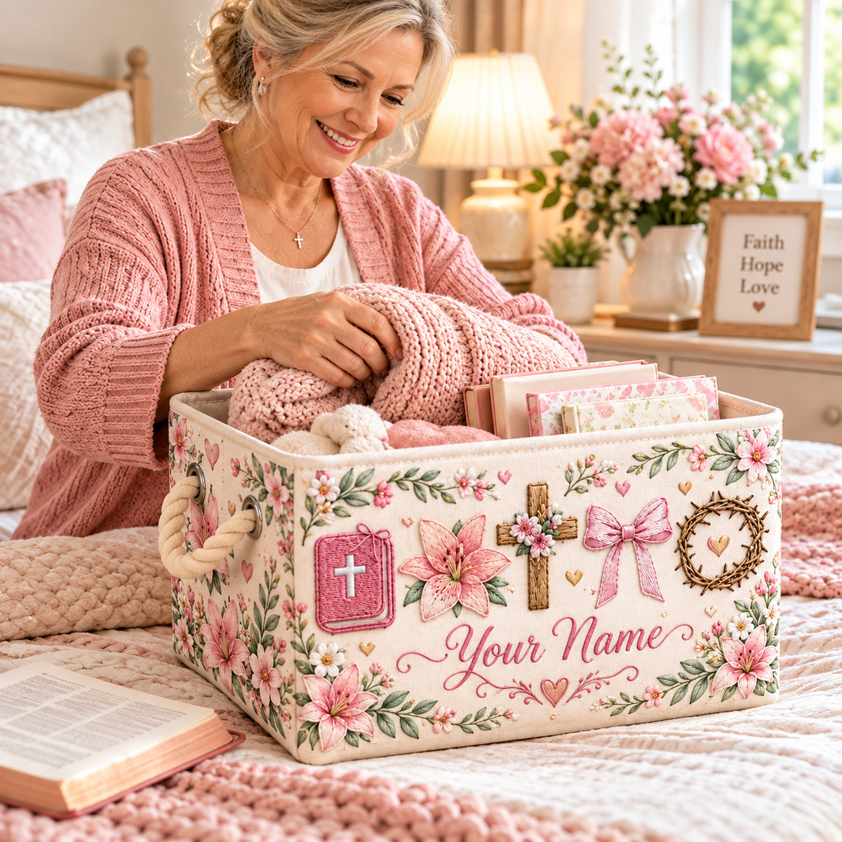 Pink Lily Bow Personalized Storage Basket