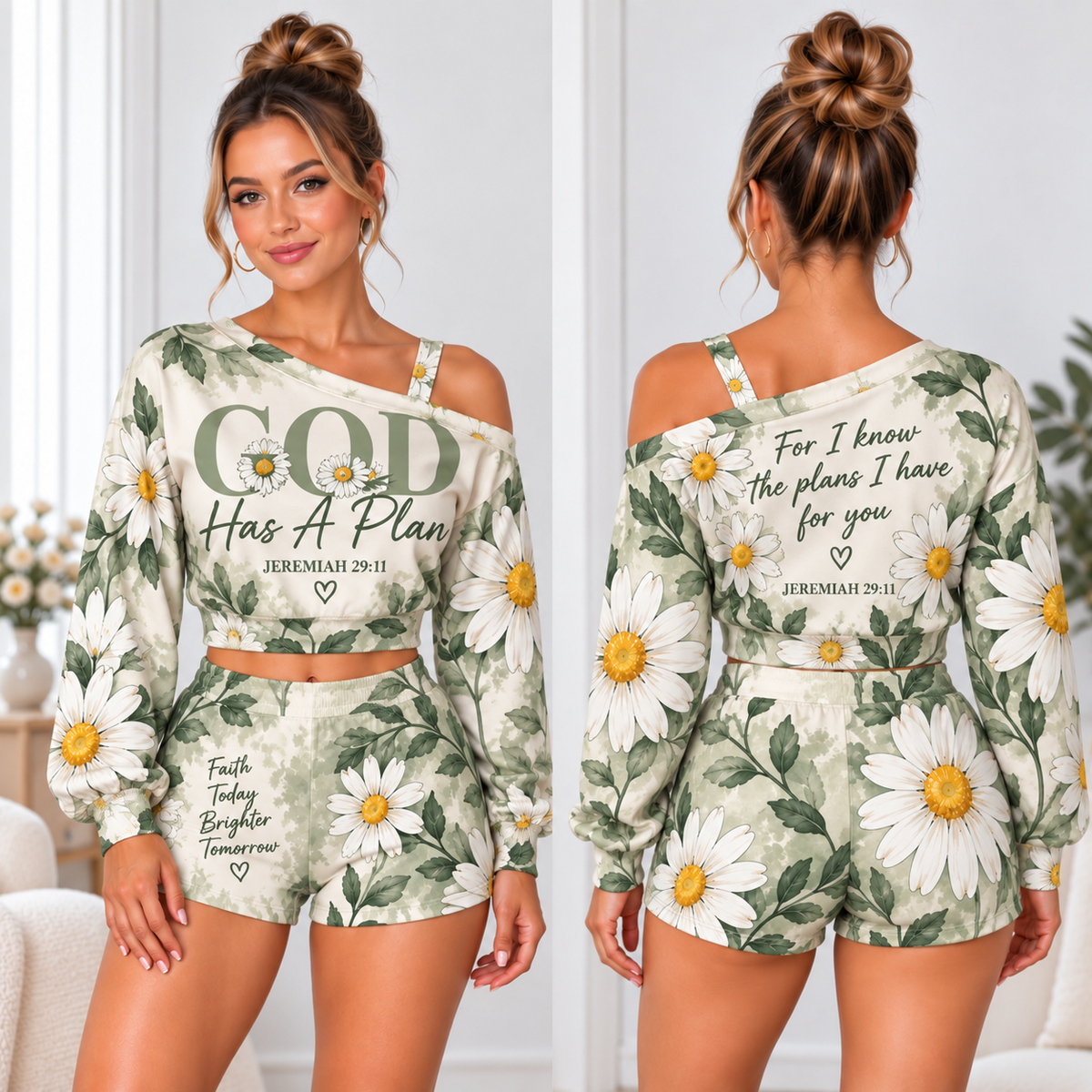 God Has a Plan Daisy Floral One-Shoulder Top and Shorts Set