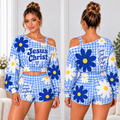 Jesus Christ Blue Daisy Gingham One-Shoulder Top and Shorts Set