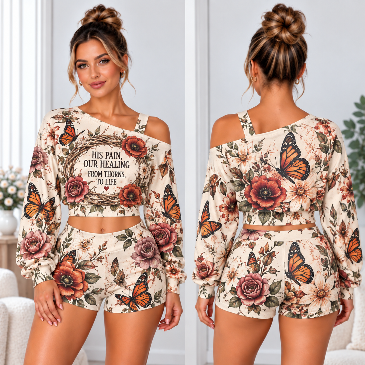 His Pain Our Healing One-Shoulder Top and Shorts Set