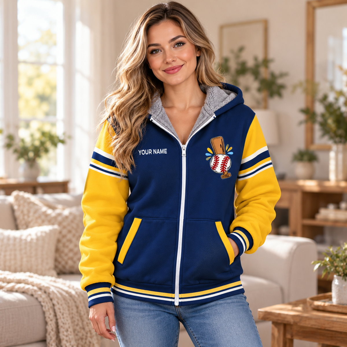Baseball Bat Navy Gold Personalized Fleece Jacket