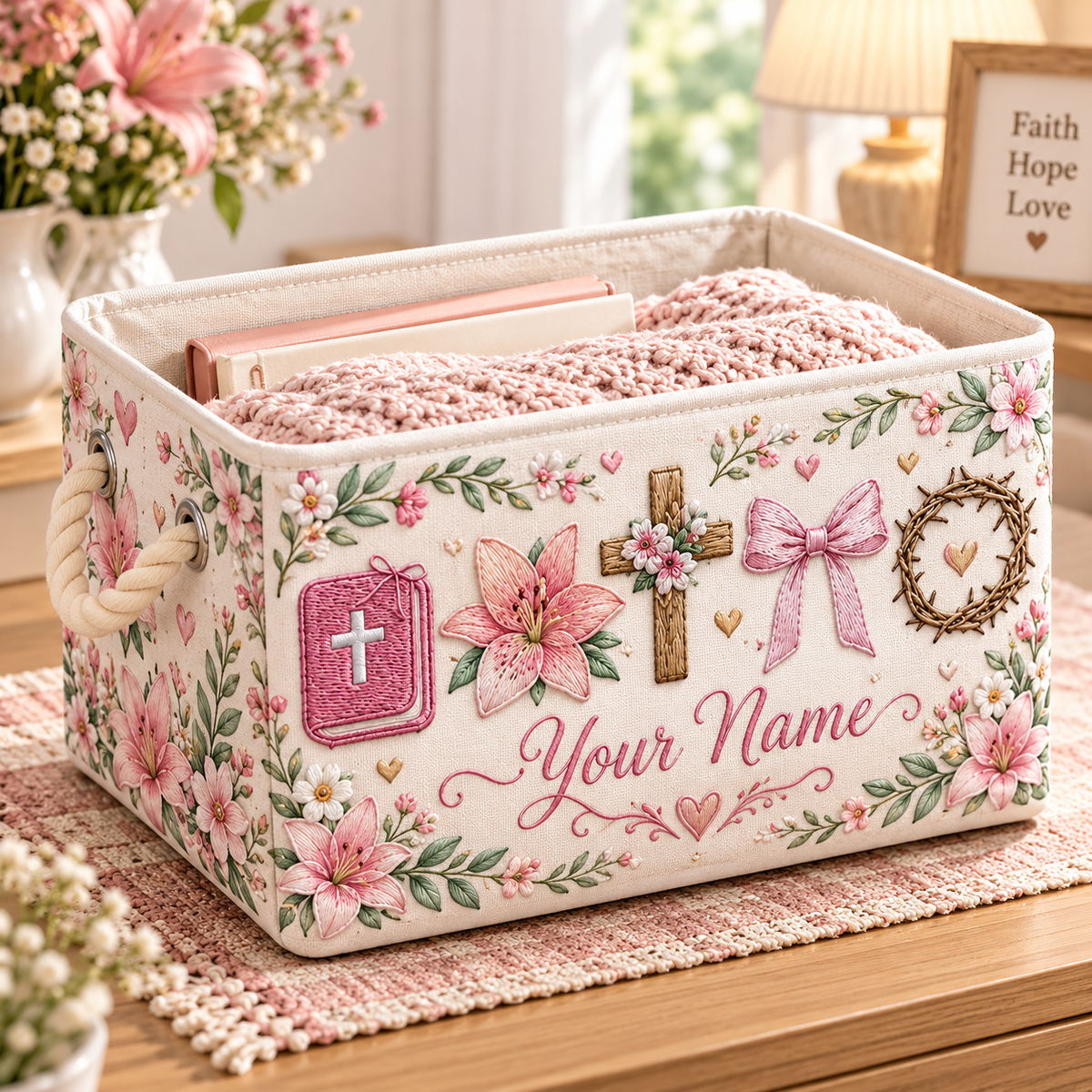 Pink Lily Bow Personalized Storage Basket