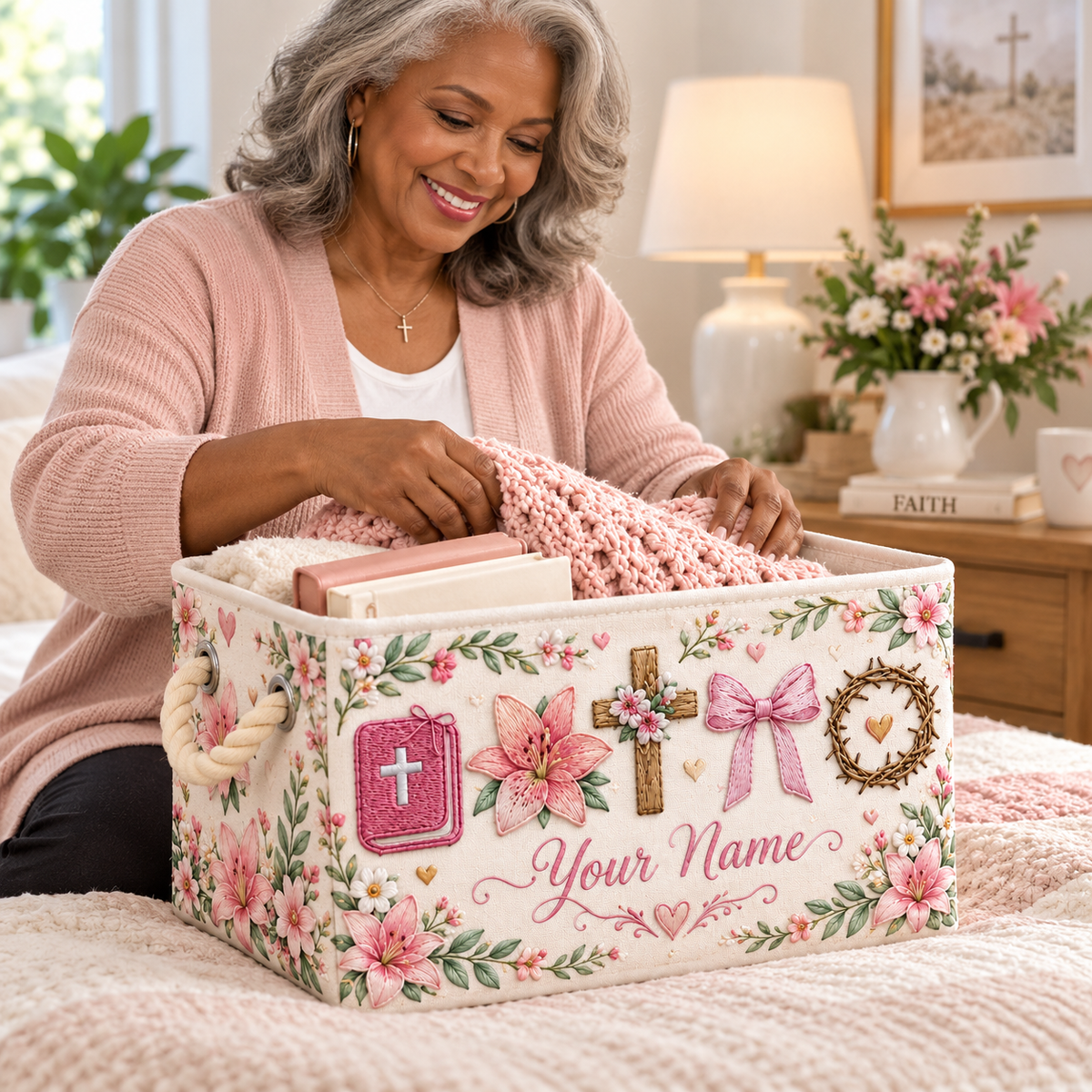 Pink Lily Bow Personalized Storage Basket