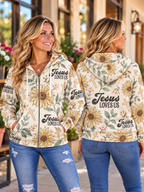 Front and back view of woman wearing Jesus Loves Us sunflower cross zip hoodie