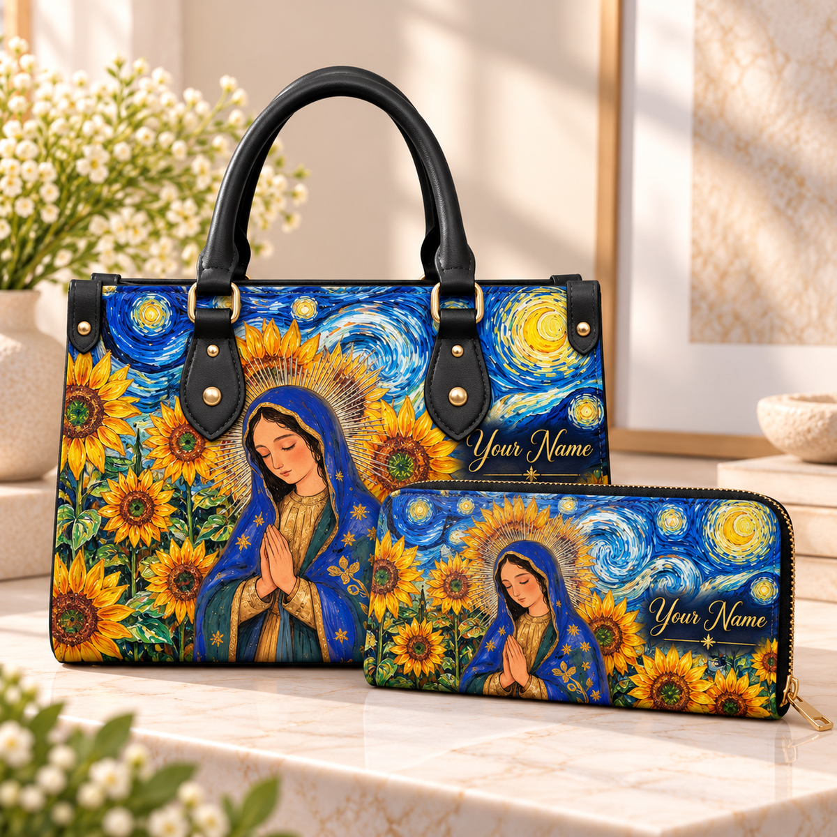 Starry Sunflower Portrait Personalized PU Leather Handbag & Leather Long Wallet