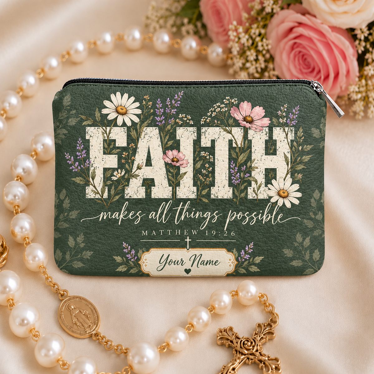 Faith Wildflowers Personalized PU Leather Pouch