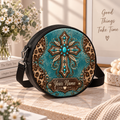 Turquoise Cross Leopard Print Leather Round Bag