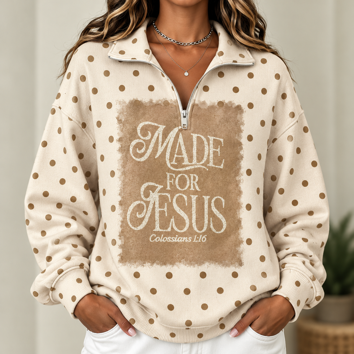 Beige Polka Dot Women's Half-zip Sweatshirt NWY076