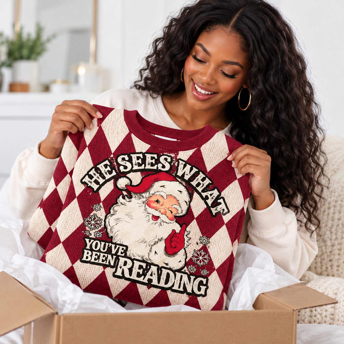 Santa Reading Diamond Pattern Waffle Sweatshirt