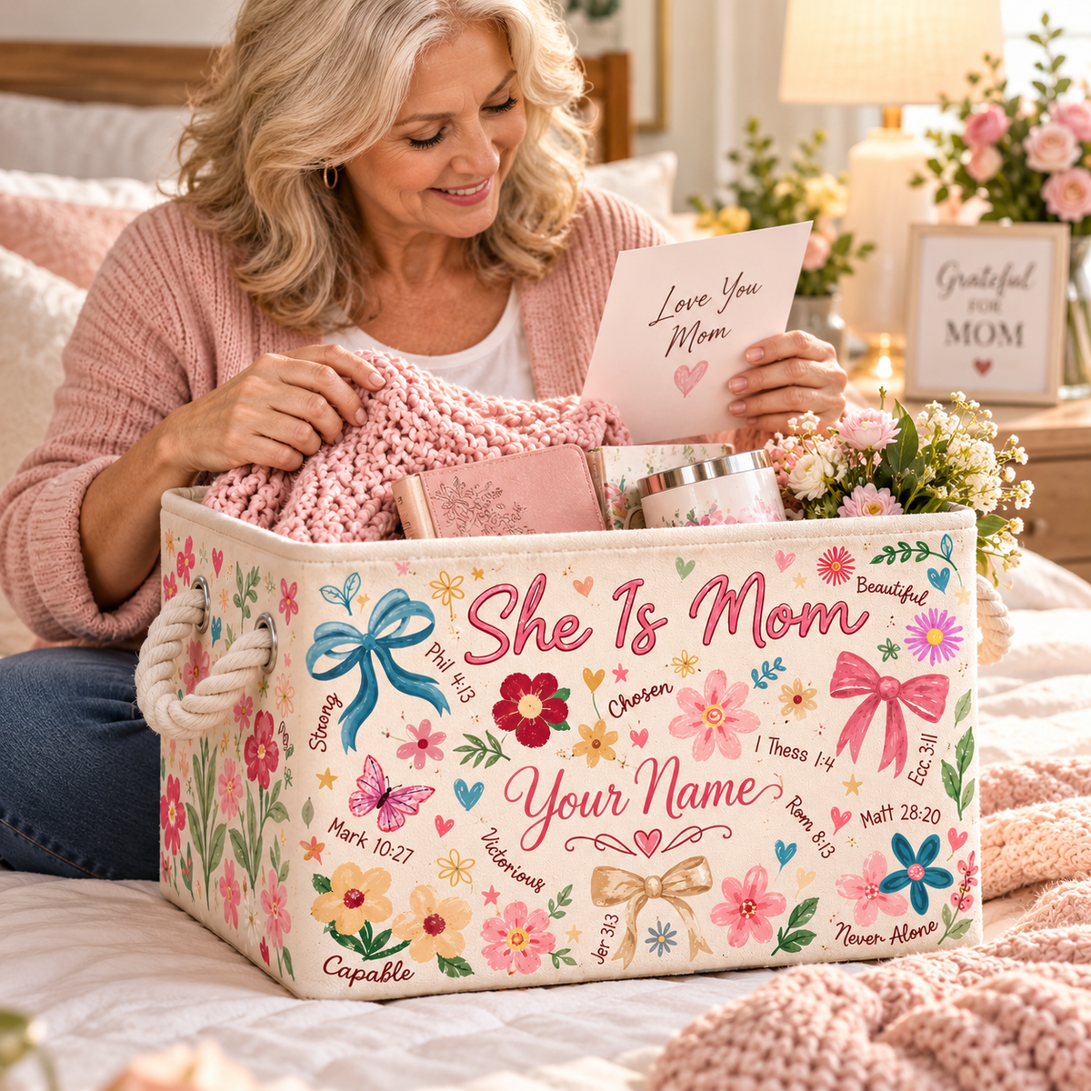She Is Mom Floral Bow Personalized Storage Basket