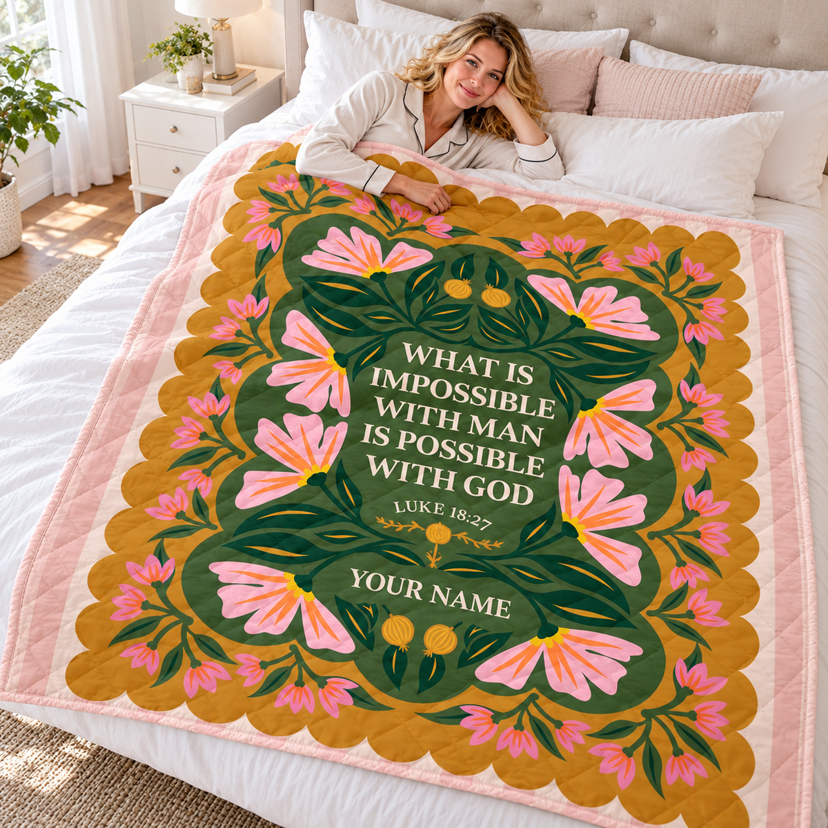 Pink Floral Folk Art Personalized Quilt
