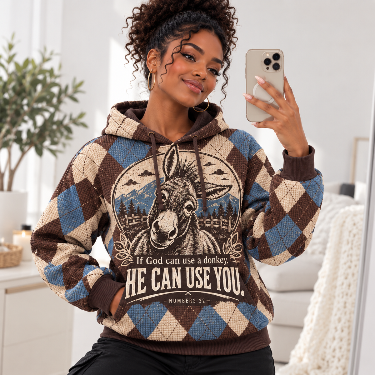 Brown Blue Argyle Donkey Waffle Hoodie
