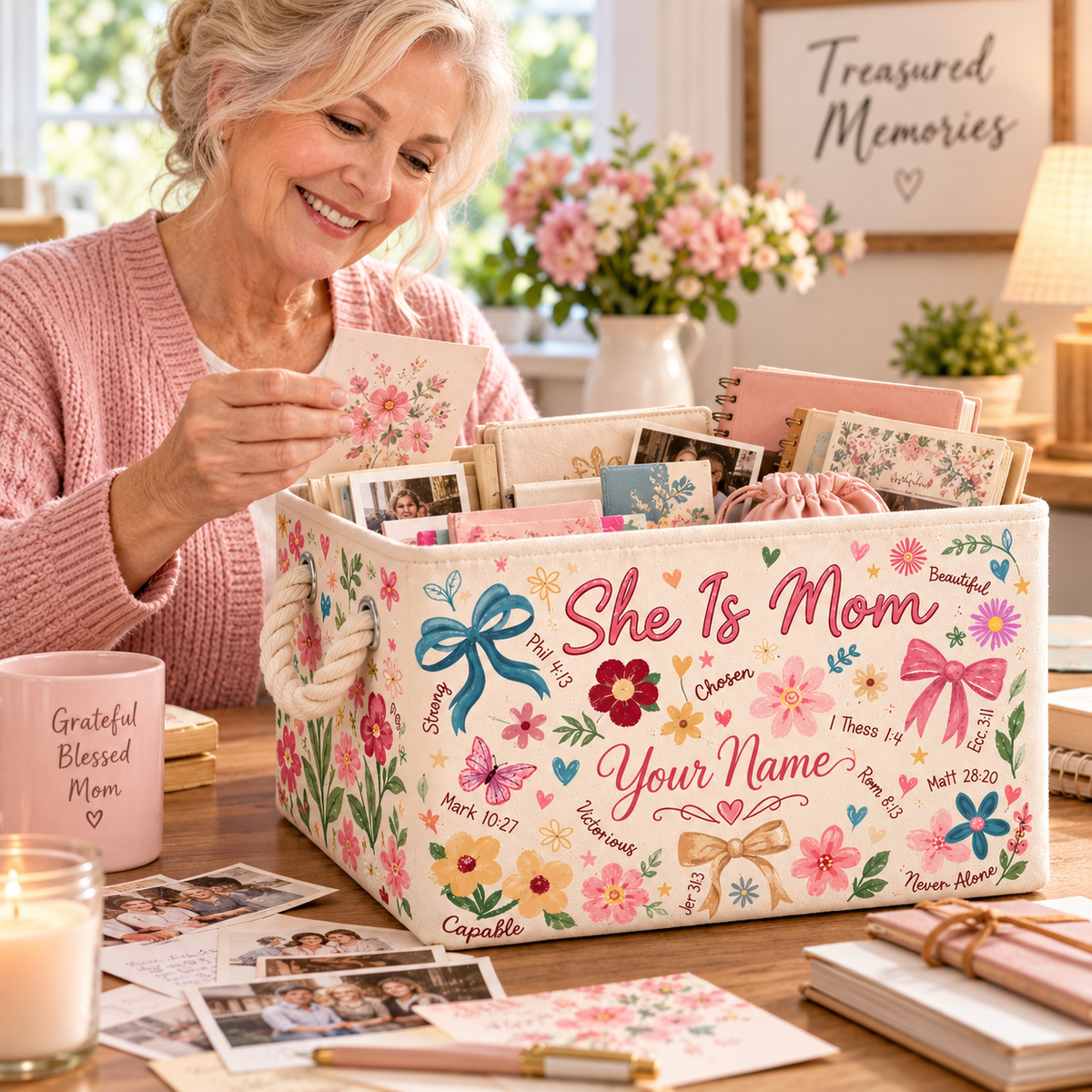 She Is Mom Floral Bow Personalized Storage Basket