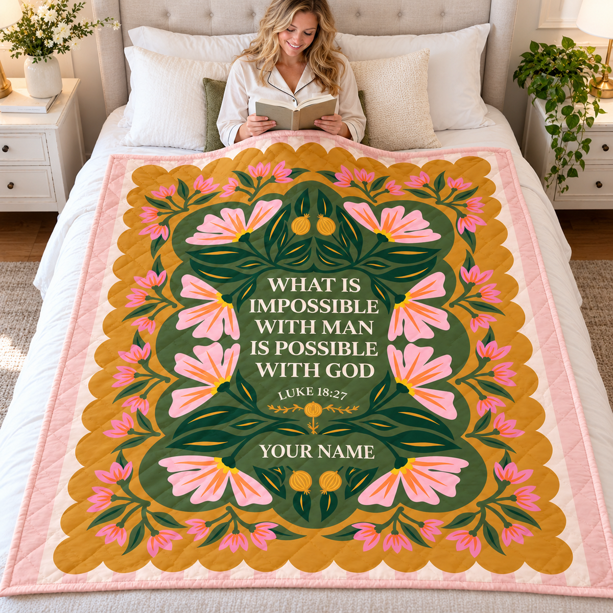 Pink Floral Folk Art Personalized Quilt