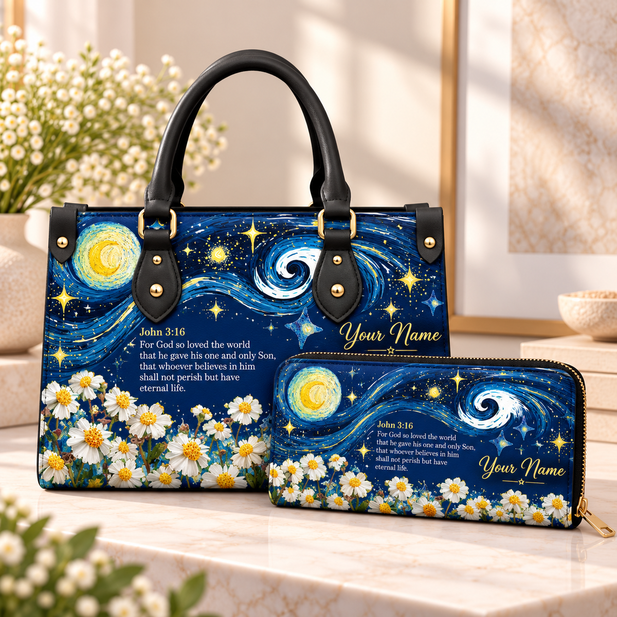 Starry White Flowers Personalized PU Leather Handbag & Leather Long Wallet