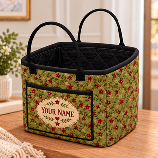 Olive Green Floral Personalized Quilted Storage Basket