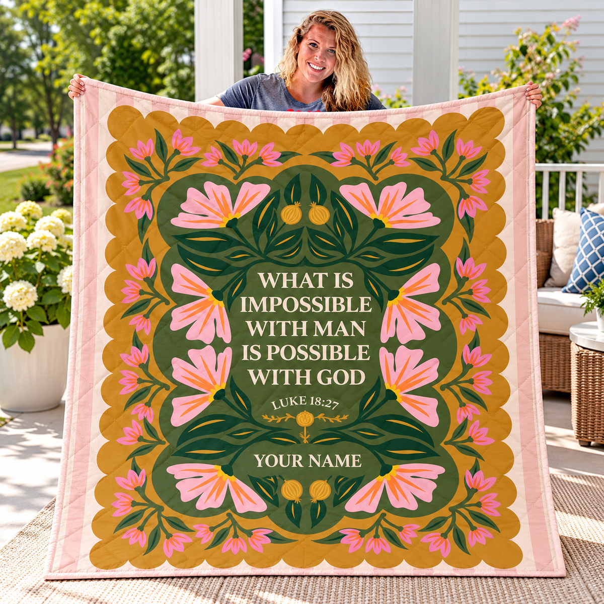 Pink Floral Folk Art Personalized Quilt