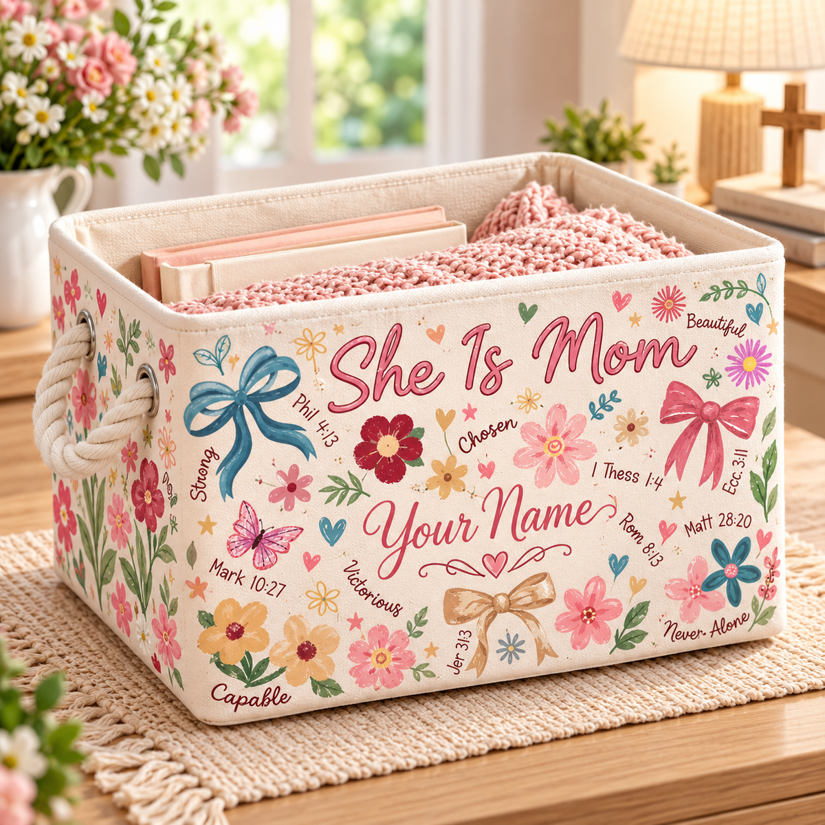 She Is Mom Floral Bow Personalized Storage Basket
