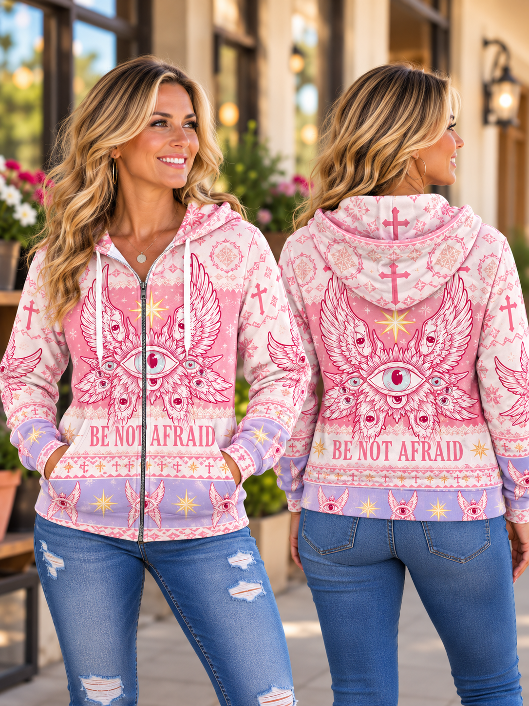Front and back view of woman wearing pink Be Not Afraid winged eye zip hoodie
