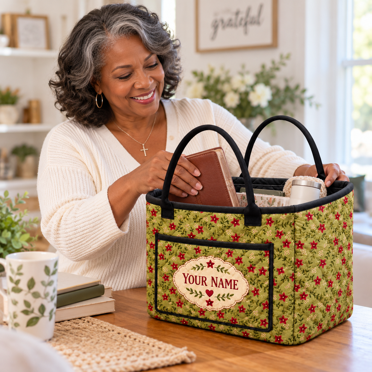 Olive Green Floral Personalized Quilted Storage Basket