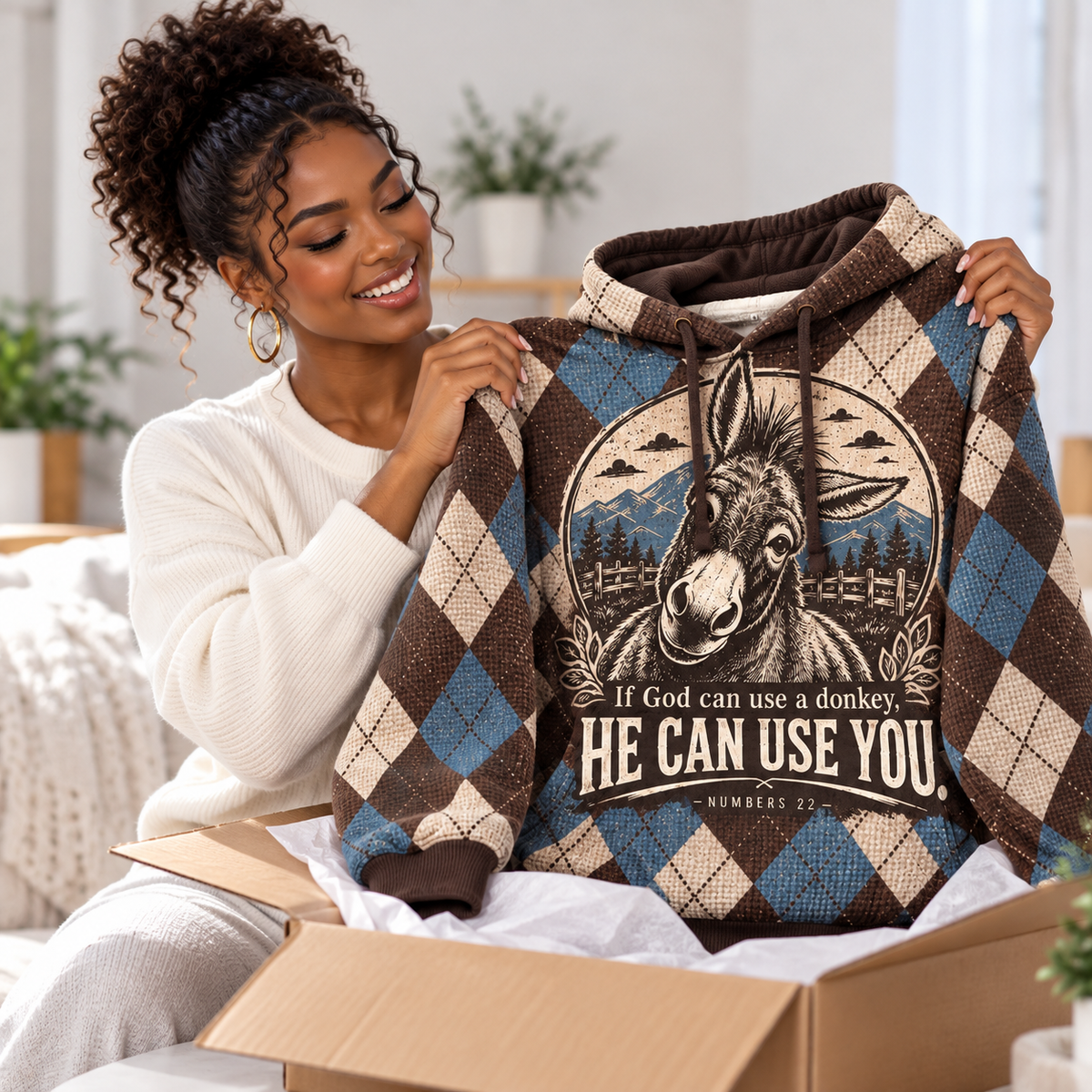 Brown Blue Argyle Donkey Waffle Hoodie