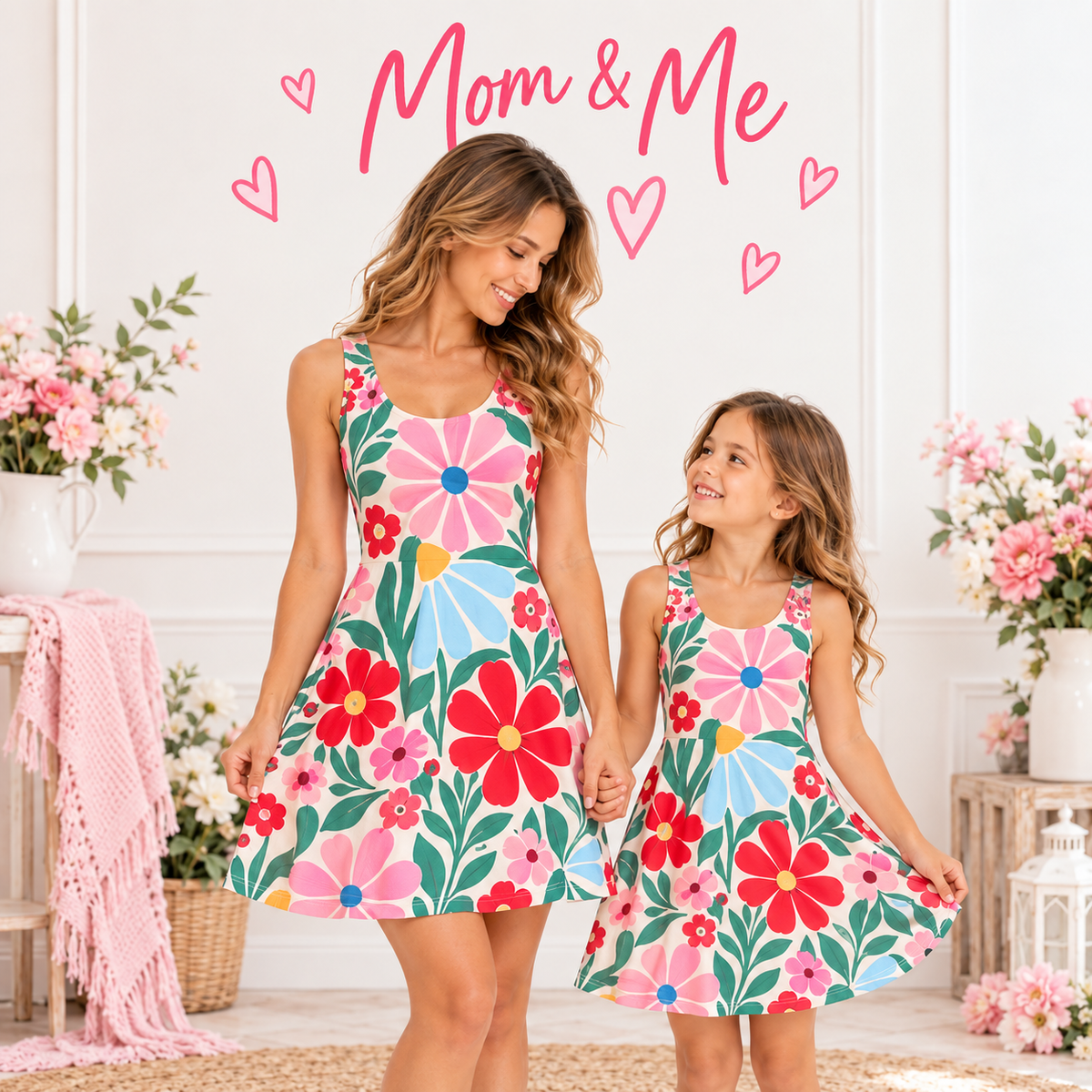 Colorful Floral Matching Sleeveless Dress