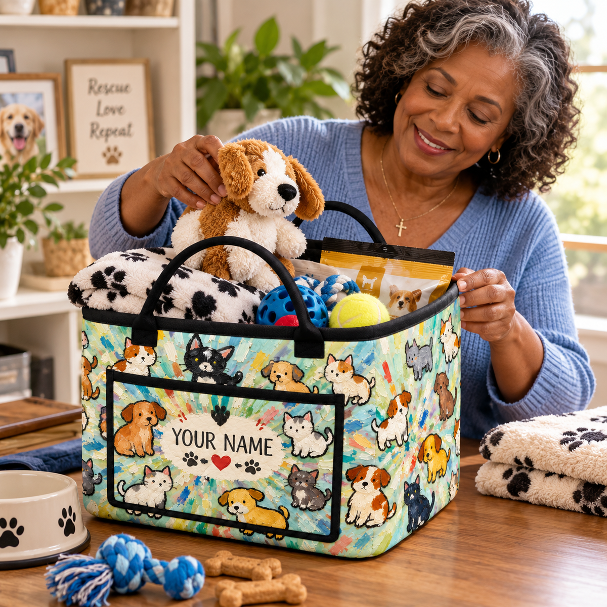 Cute Cats and Dogs Personalized Quilted Storage Basket