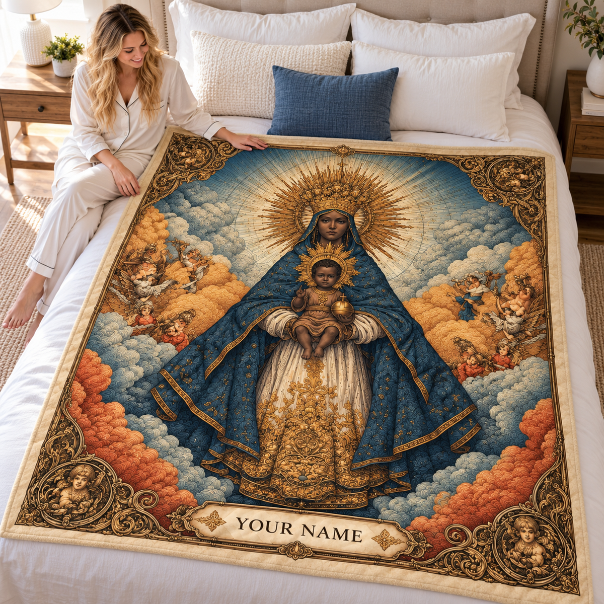 Ornate Blue and Gold Mother and Child Personalized Quilt
