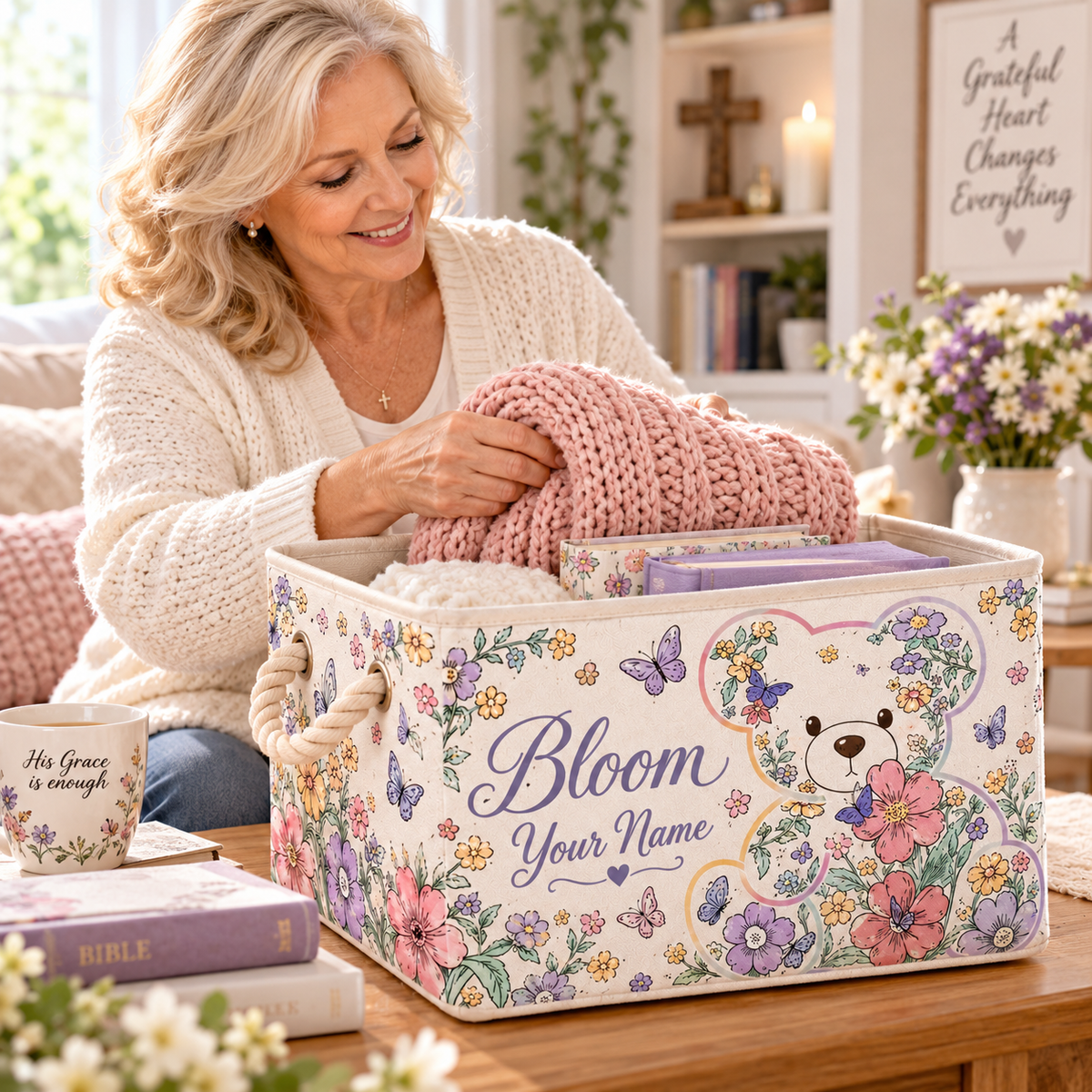 Bloom Floral Teddy Bear Personalized Storage Basket