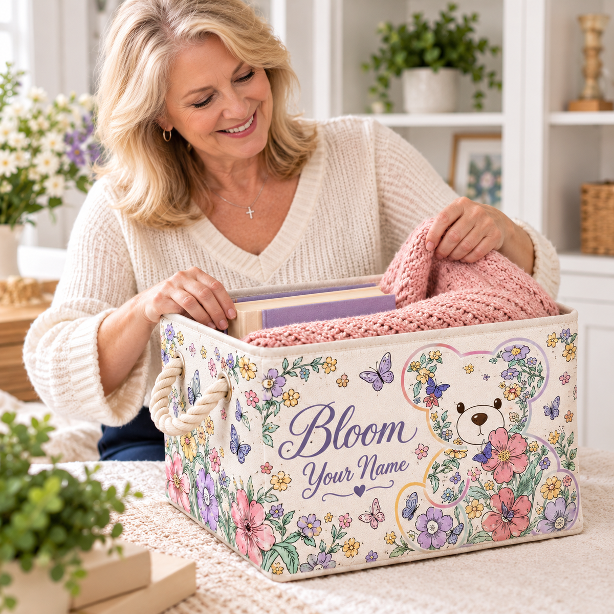 Bloom Floral Teddy Bear Personalized Storage Basket
