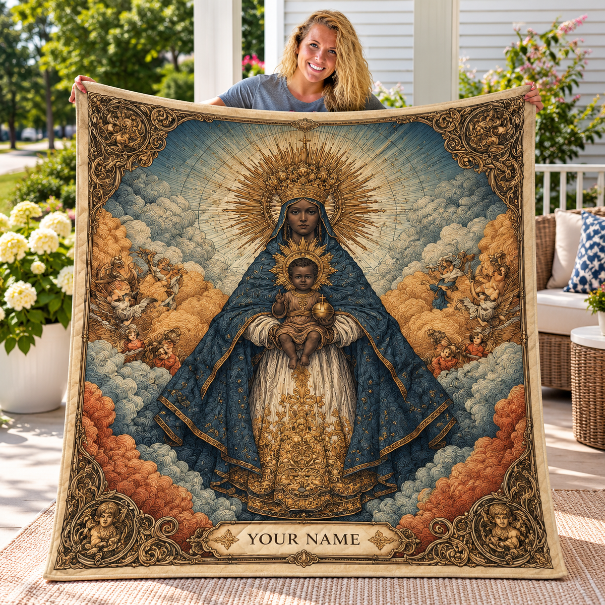 Ornate Blue and Gold Mother and Child Personalized Quilt