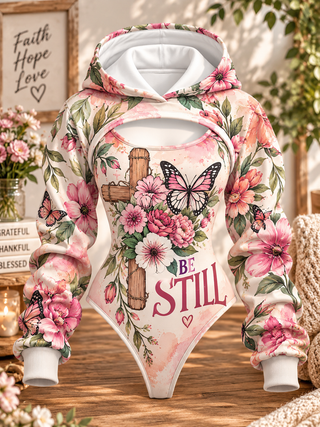 Be Still Pink Butterfly Floral Hooded Jumpsuit