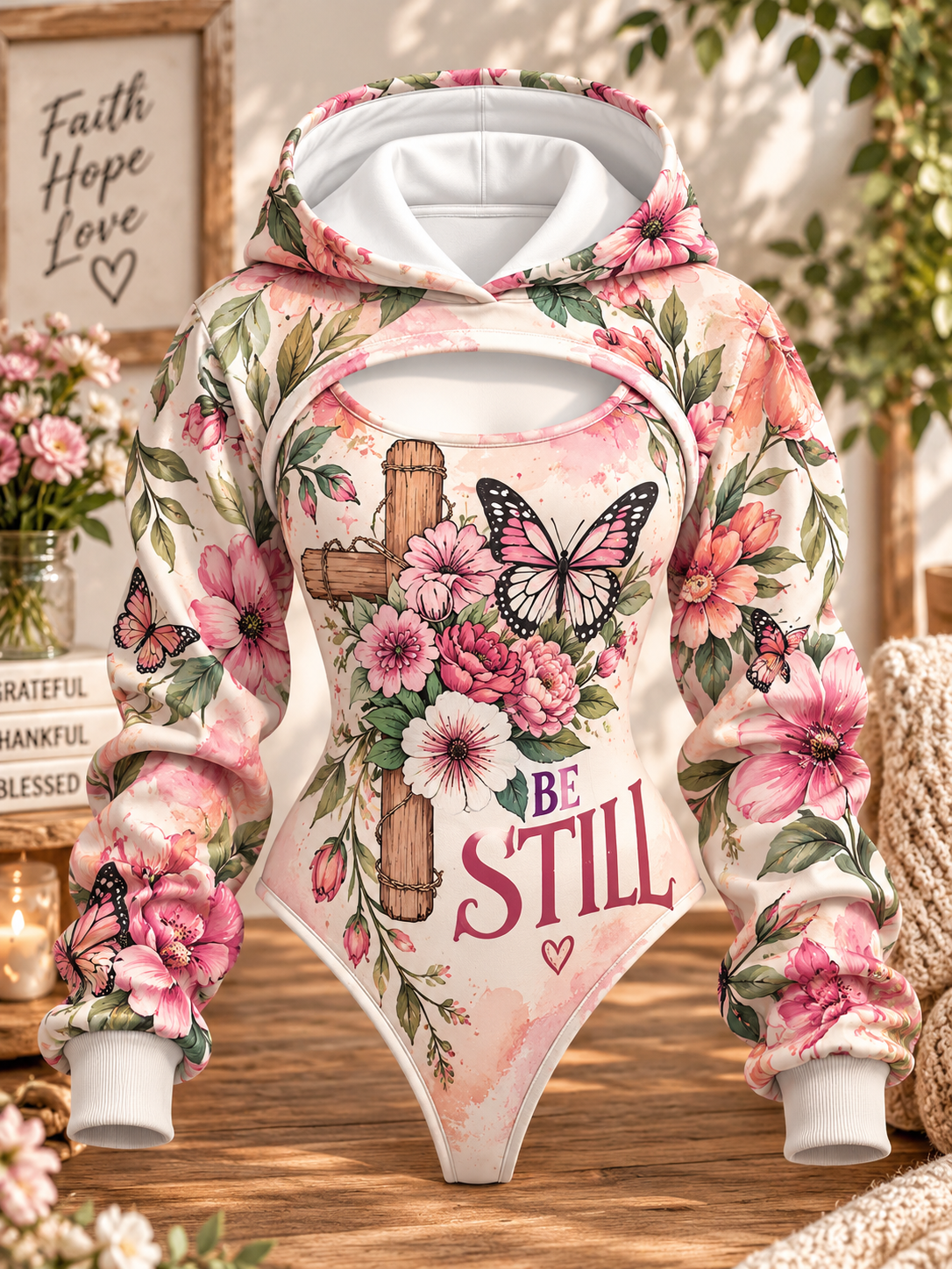 Be Still Pink Butterfly Floral Hooded Jumpsuit