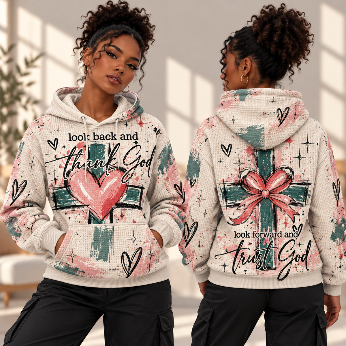 Pink Heart and Bow Brushstroke Waffle Hoodie