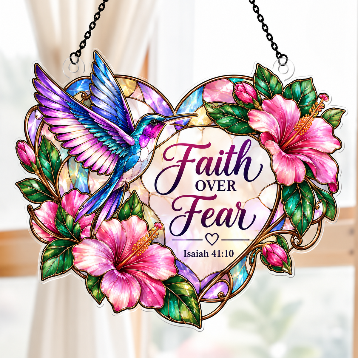 Faith Over Fear Hummingbird Hibiscus Acrylic Suncatcher