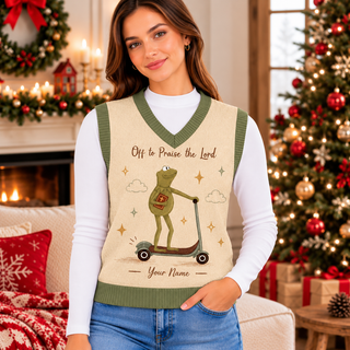 Frog on Scooter Personalized Knitted V-Neck Vest